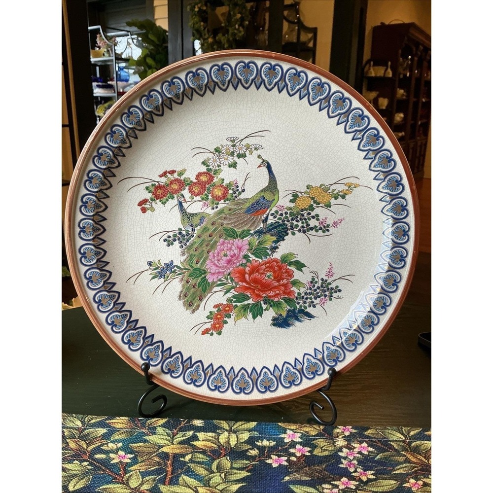 Andrea by Sadek Handpainted Satsuma Style 12" Floral & Peacock Plates Japan‎